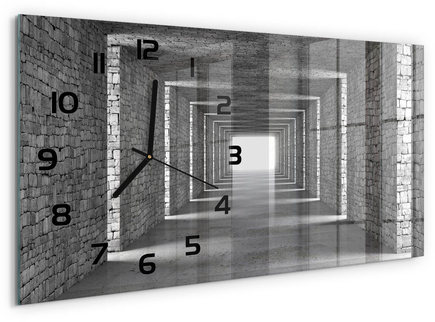 TULUP Wandklok - Bakstenen tunnel Glazen Wandklok Design - 60x30 cm - Grijs Klok Glas Met Opdruk - Zwarte handen - Rechthoekige Klok - Wandklok Glas Met Motief - Decoratieve Glazen Klok
