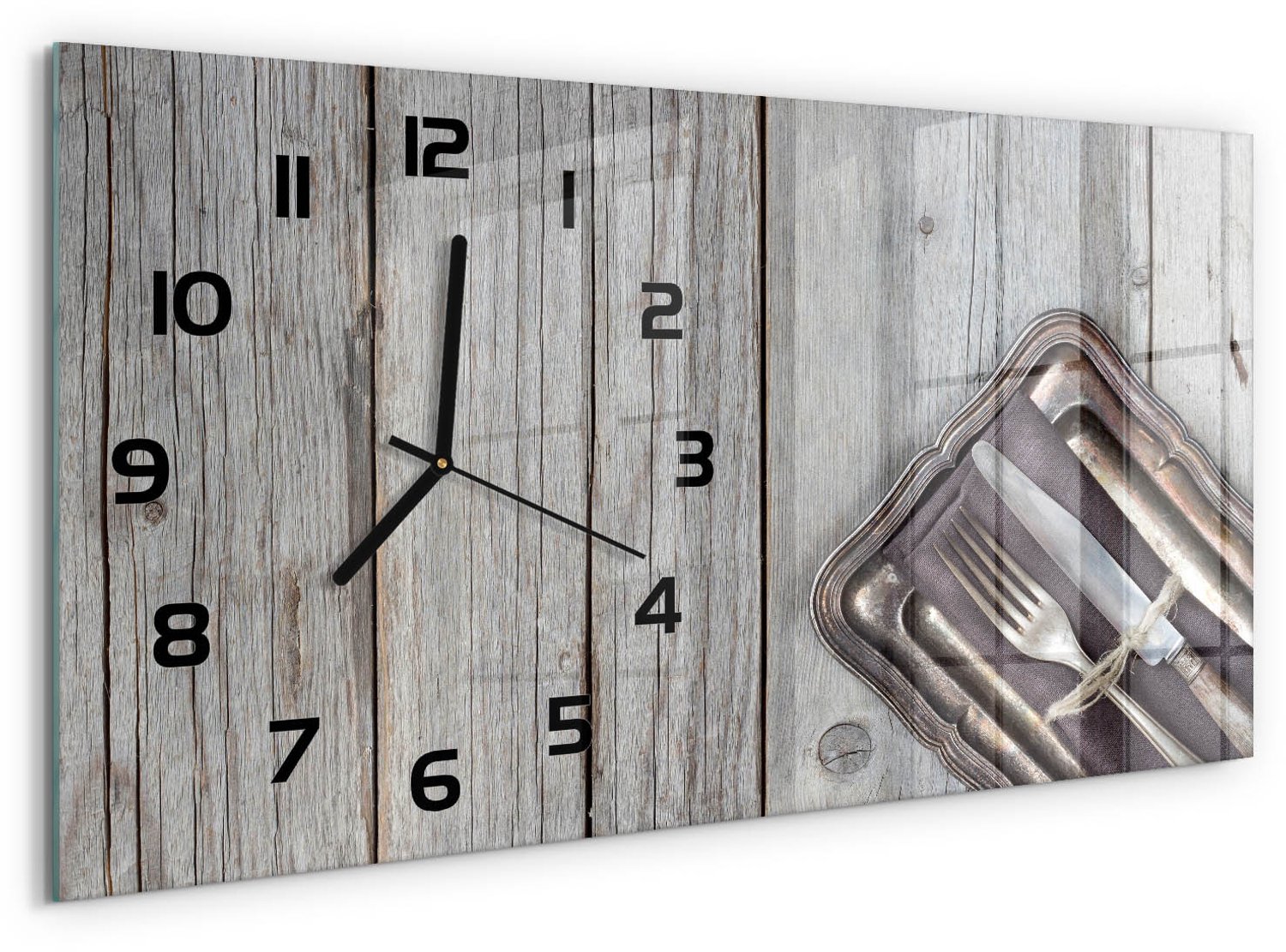 TULUP Wandklok - Bestek op snijplanken Glazen Wandklok Design - 60x30 cm - Beige Klok Glas Met Opdruk - Zwarte handen - Rechthoekige Klok - Wandklok Glas Met Motief - Decoratieve Glazen Klok