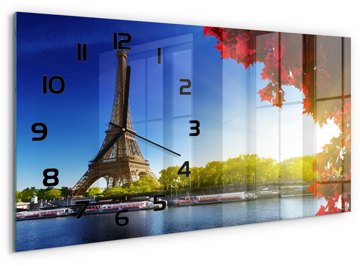 TULUP Wandklok - Eiffeltoren Parijs Glazen Wandklok Design - 60x30 cm - Veelkleurig Klok Glas Met Opdruk - Zwarte handen - Rechthoekige Klok - Wandklok Glas Met Motief - Decoratieve Glazen Klok