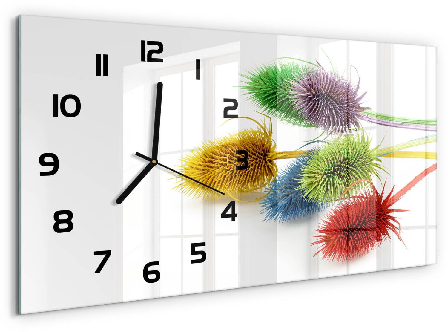 TULUP Wandklok - Distel Moderne Wandklok Glas - 60x30 cm - Veelkleurig Wandklok Glas Decoratie - Zwarte handen - Rechthoekige Klok - Glazen Wandklok Design - Klok Glas Met Opdruk