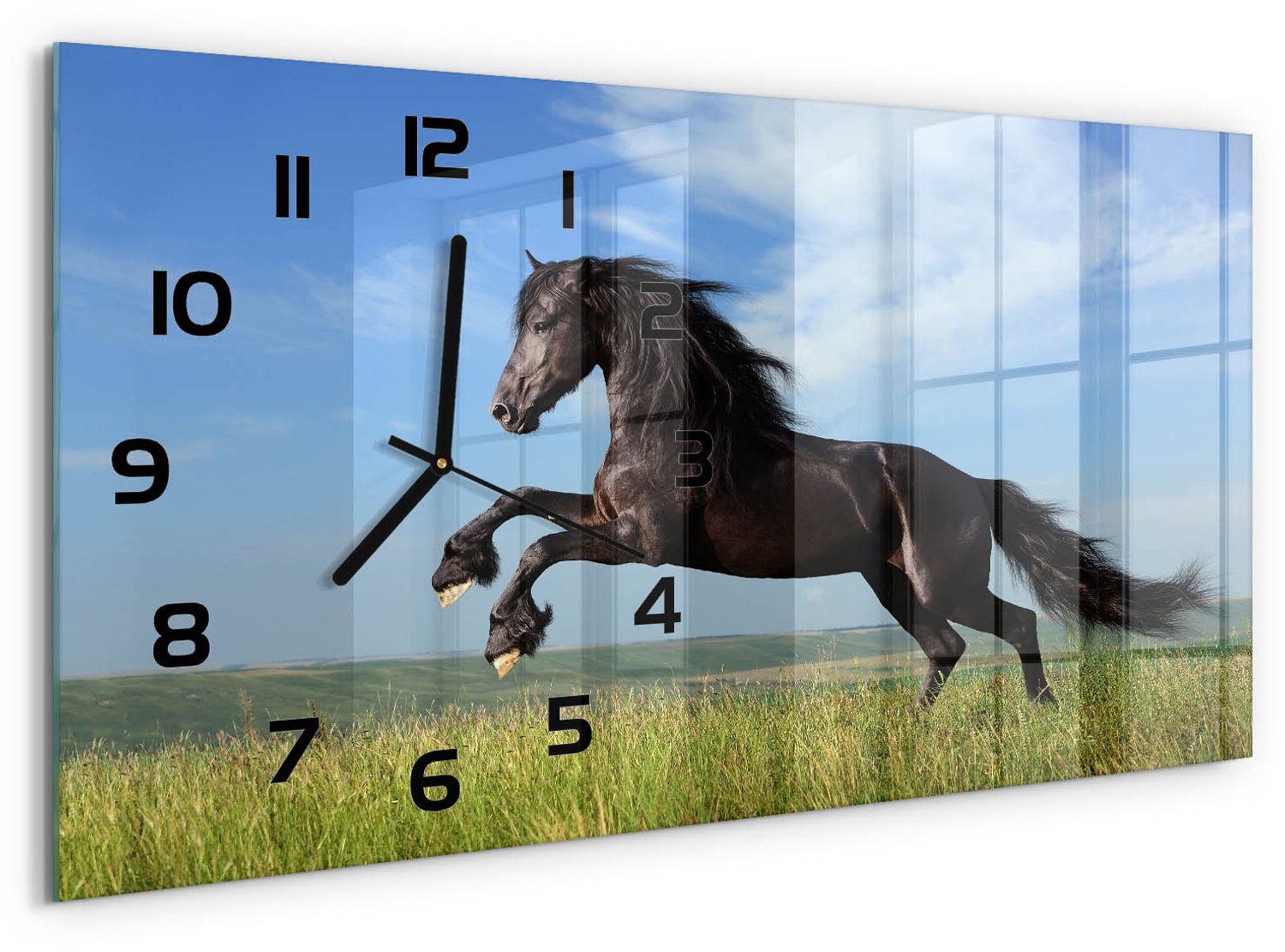 TULUP Wandklok - Zwart paard in de wei Wandklok Glas Met Motief - 60x30 cm - Zwart Decoratieve Glazen Klok - Zwarte handen - Rechthoekige Klok - Gekleurde Glazen Klok - Glazen Klok Met Print