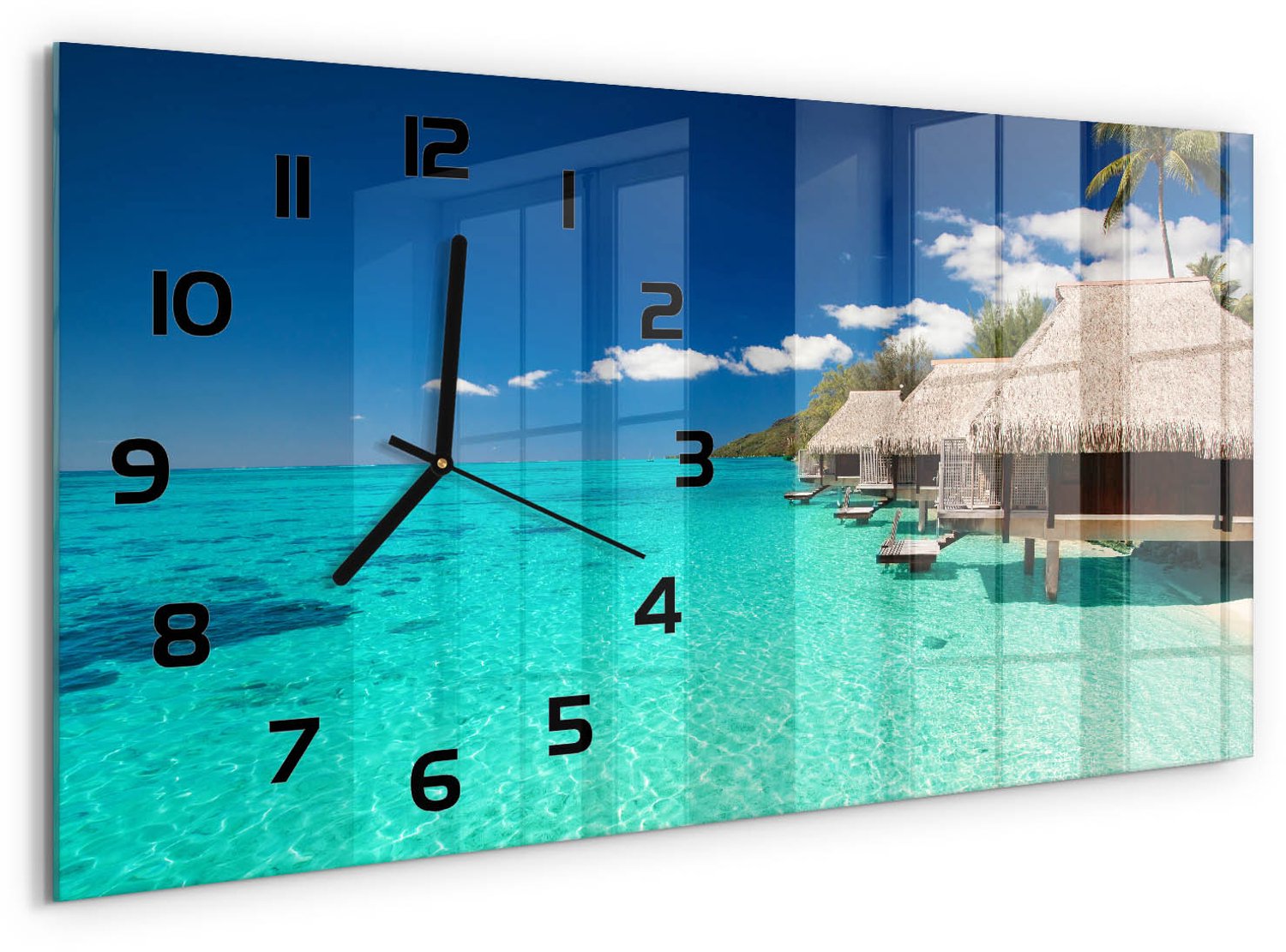 TULUP Wandklok - Tropisch eiland Wandklok Glas Met Motief - 60x30 cm - Blauw Decoratieve Glazen Klok - Zwarte handen - Rechthoekige Klok - Gekleurde Glazen Klok - Glazen Klok Met Print