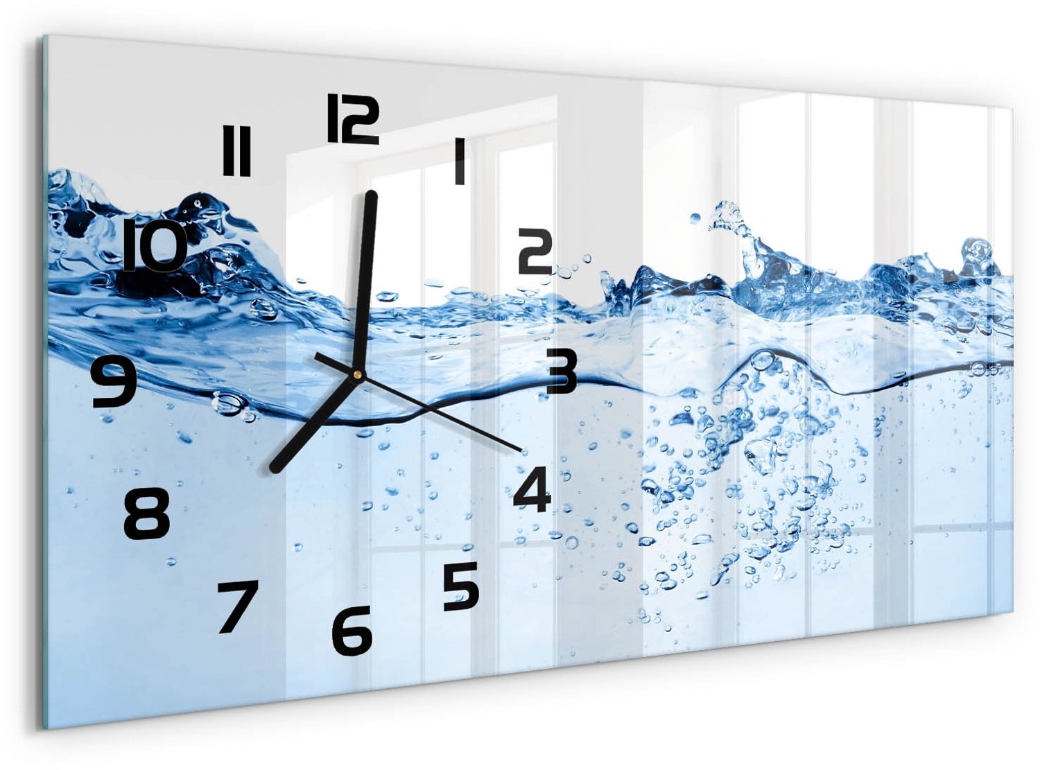 TULUP Wandklok - Water Glazen Klok Met Print - 60x30 cm - Blauw Wandklok Glas Met Motief - Zwarte handen - Rechthoekige Klok - Wandklok Glas Decoratie - Gekleurde Glazen Klok