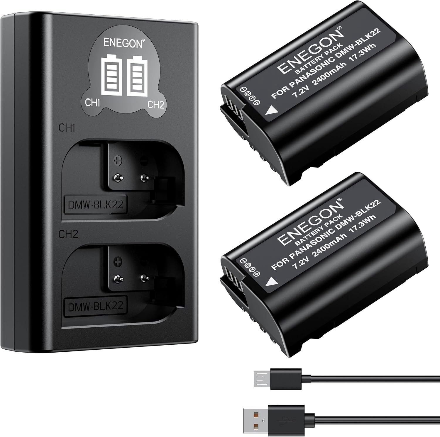2 Stuks 2400mAh DMW-BLK22 Batterij en Dubbele Oplader Kit met Micro USB Kabel en LCD Display voor Panasonic Lumix DC-S5, GH5 II, GH6, S5M2, Camera Accessoires en Oplaadoplossingen