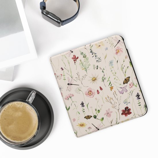 kwmobile e-reader hoesje geschikt voor Kobo Libra Colour hoes - E reader flip case met magnetische sluiting - Ereader cover - Daisy-varens design in wit / geel / groen — afbeelding 3