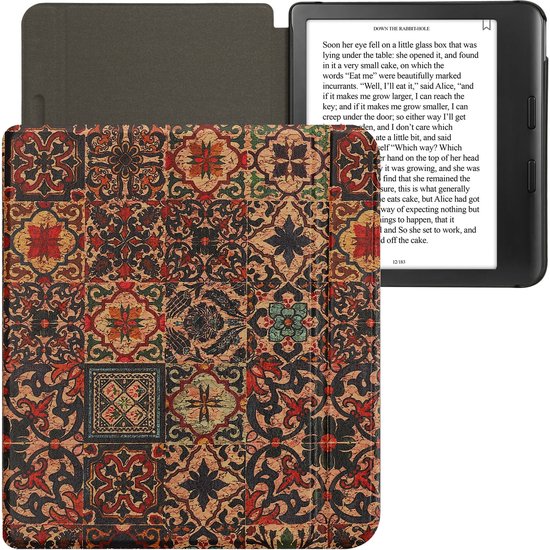 kwmobile e-reader hoesje geschikt voor Kobo Libra Colour hoes - E reader flip case met magnetische sluiting - Ereader cover - Tegelmotief design in bruin / blauw / rood — afbeelding 3