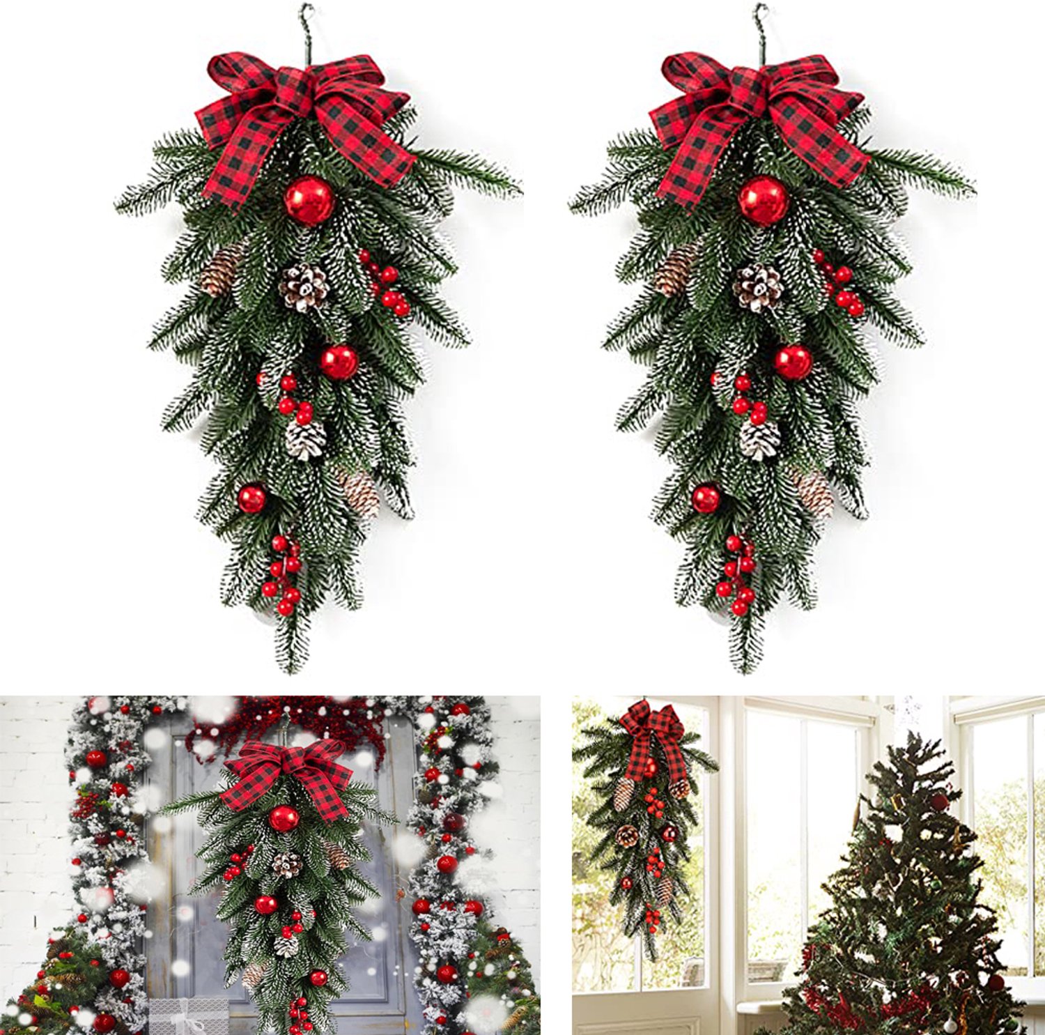 2 stuks Kerstkrans van dennennaalden met strik, dennenappels en rode ballen - 55cm - decoratieve kerstkransen voor binnen en buiten - Kunstmatige kerstversieringen voor aan de muur of deur
