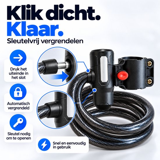 Fietsslot met Houder - Kabelslot - Spiraalslot - 120 cm - met Sleutels - Zwart — afbeelding 3