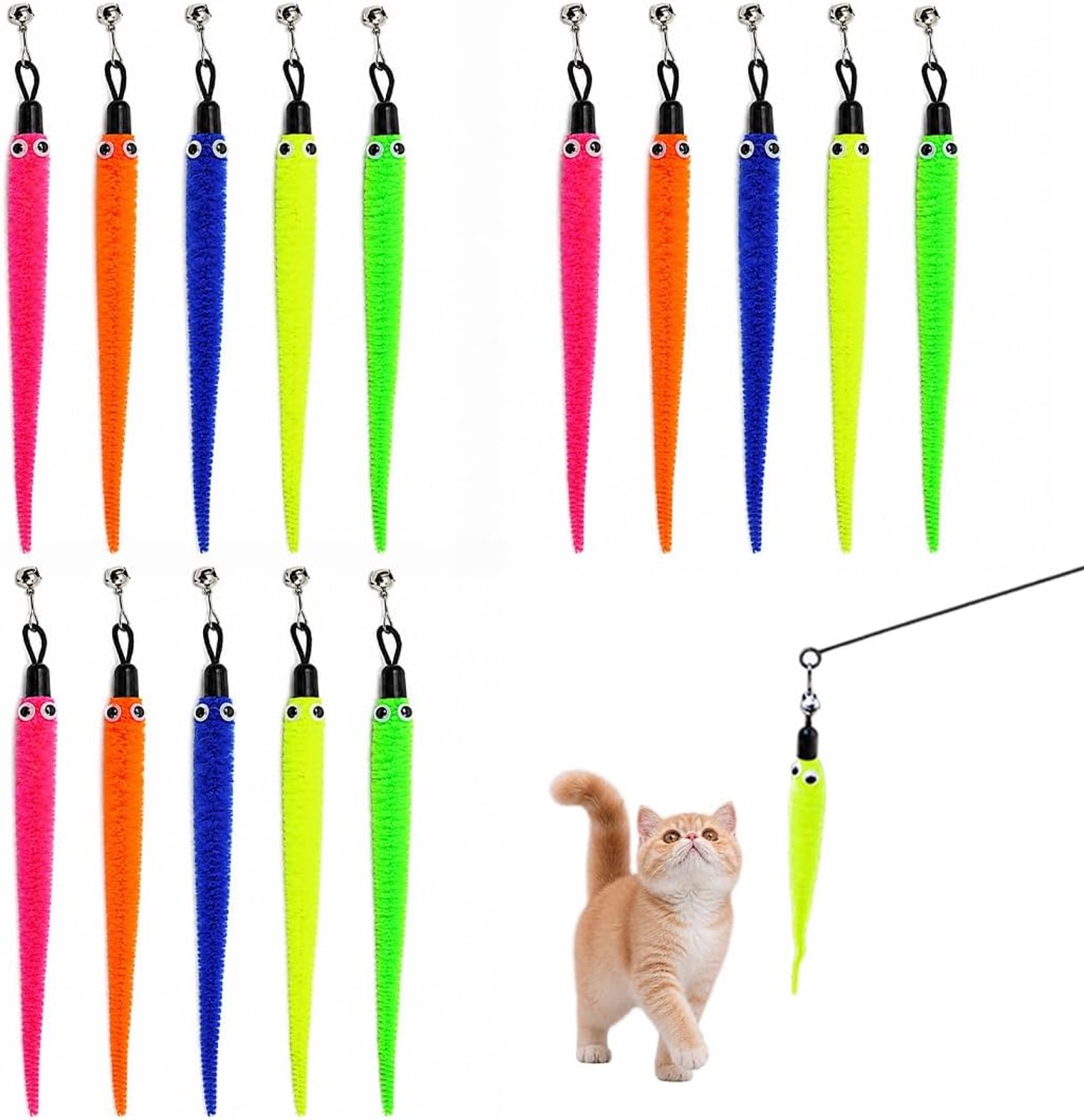 15 stuks kattenspeelgoed, vervangend kattenspeelgoed, interactief pluche met veren voor katten, meerkleurig, voor training en fysieke beweging