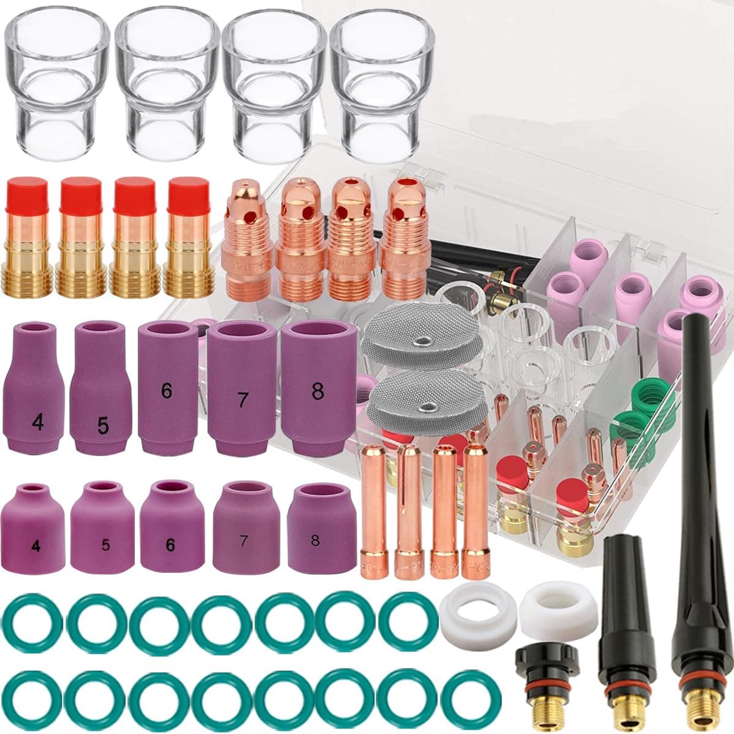48 PCS for TIG Welding Torch Stubby Gas Lens #12 Glass Cup Kit For WP-17/18/26 with 10 Alumina nozzles, 8 Collets Body, 4 Collets, 3 Back Cups, 2 Diffusers, 15 O-rings, 2 Cup Gaskets