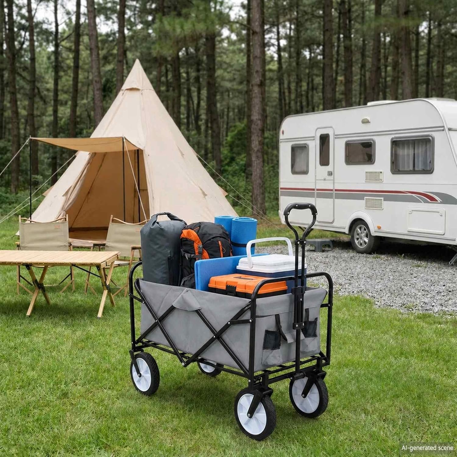 Handwagen, grijs, opvouwbare bolderkar met 200 kg draagkracht, 94 x 53 x 99 cm, incl. remmen voor transport tuin camping