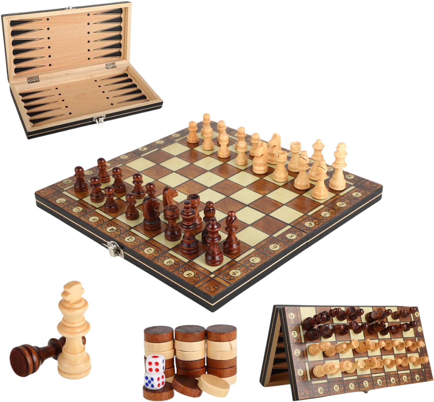 Verte - Magnetisch Schaakbord - Houten Schaakset - 3-In-1 Schaakbord - Magnetische Opvouwbare Schaakset - Reisschaak-/Dames-/Backgammonset - 29 X 29 Cm