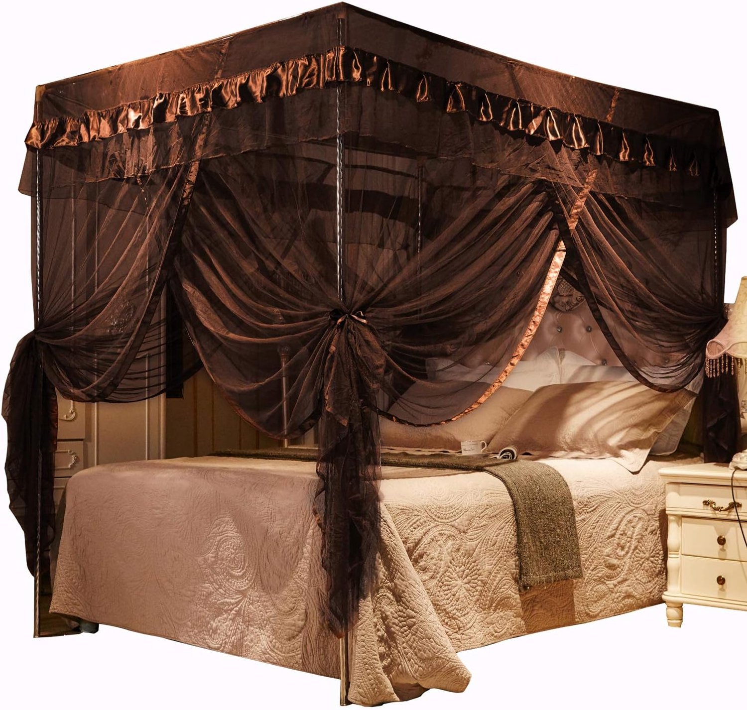 (Queen, koffie) bedluifel gordijnen met 4 hoeken, gordijnen voor hemelbed, slaapkamerdecoratie (Queen, koffie)