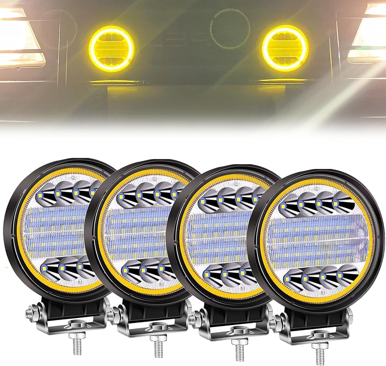 11,4 cm, led-schijnwerper met gele Angel Eyes, 12 V, 24 V, waterdicht, mistlampen voor 4 x 4, auto, vrachtwagen, tractor, SUV, 4 stuks