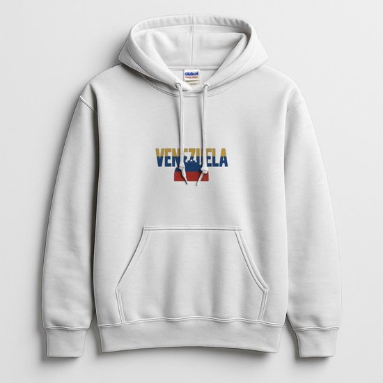 Witte unisex hoodie met het woord VENEZUELA en de nationale vlag op de borst.