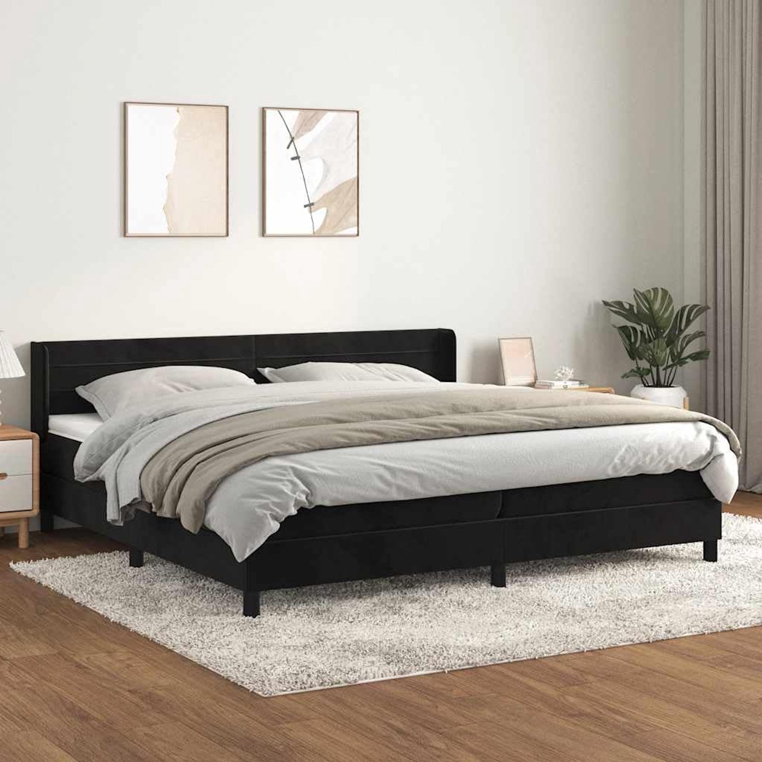 Boxspring met matras fluweel zwart 200x200 cm, zachte stof met verstelbaar hoofdbord, pocketvering matras medium firm voor rug- en buikslapers, ideaal voor comfortabele nachtrust en kijken in bed