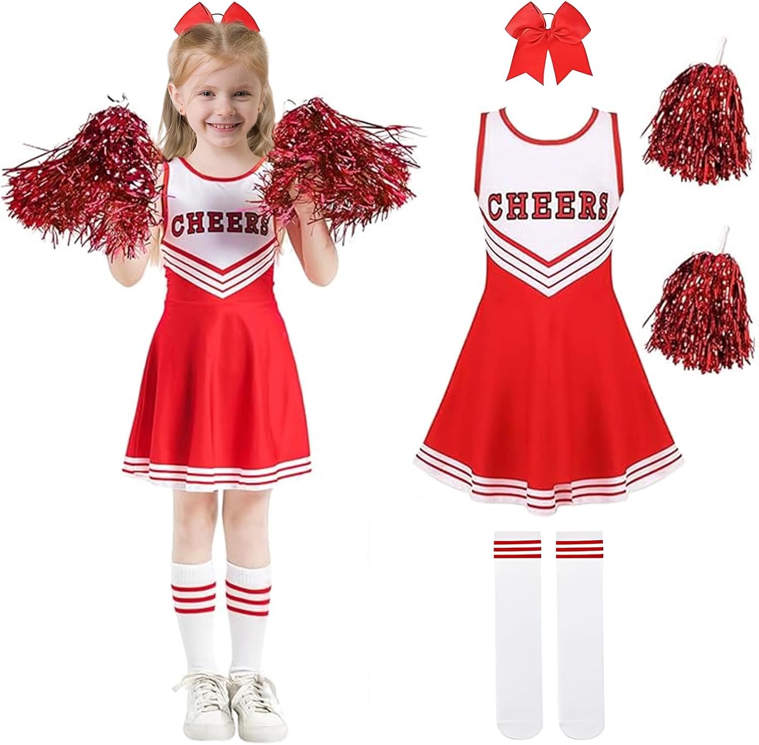Cheerleader-kostuum voor meisjes: carnavalsjurk cheerleader raggaze met pompons sokken en haaraccessoires voor school party cosplay