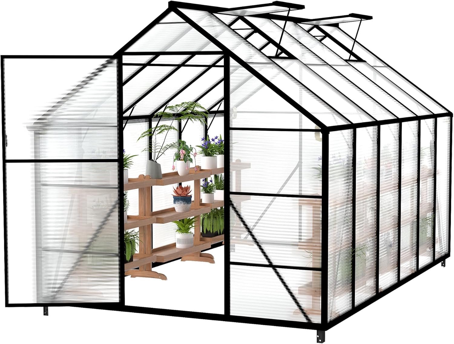 Aluminium tuinkas met fundering, 4 mm polycarbonaat dubbele platen, broeikas voor tuin, tomatenkas met dakraam, weerbestendig plantenhuis, 380 x 250 x 205 cm