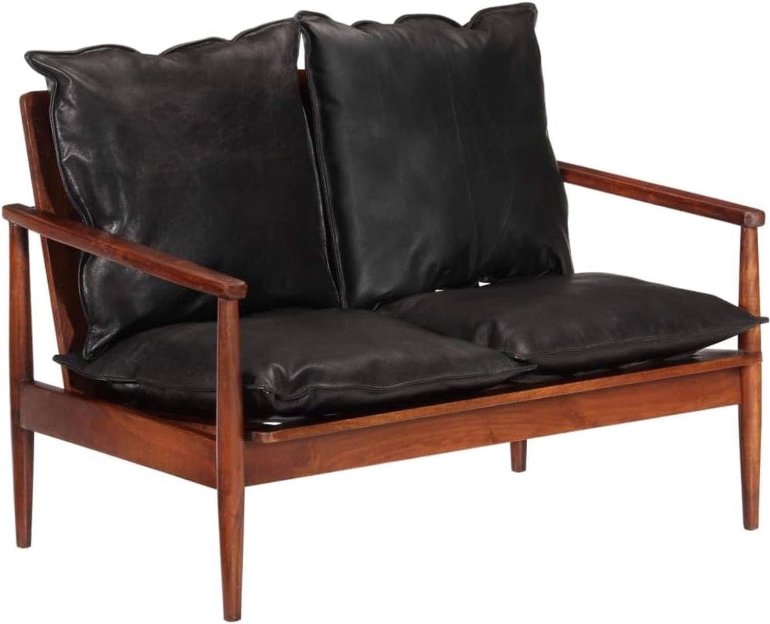 Woonkamerbank Fauteuil Sofa 2-zits Sofa Zwart Echt Leer en Massief Acacia voor Woonkamer Gastenkamer Kantoor