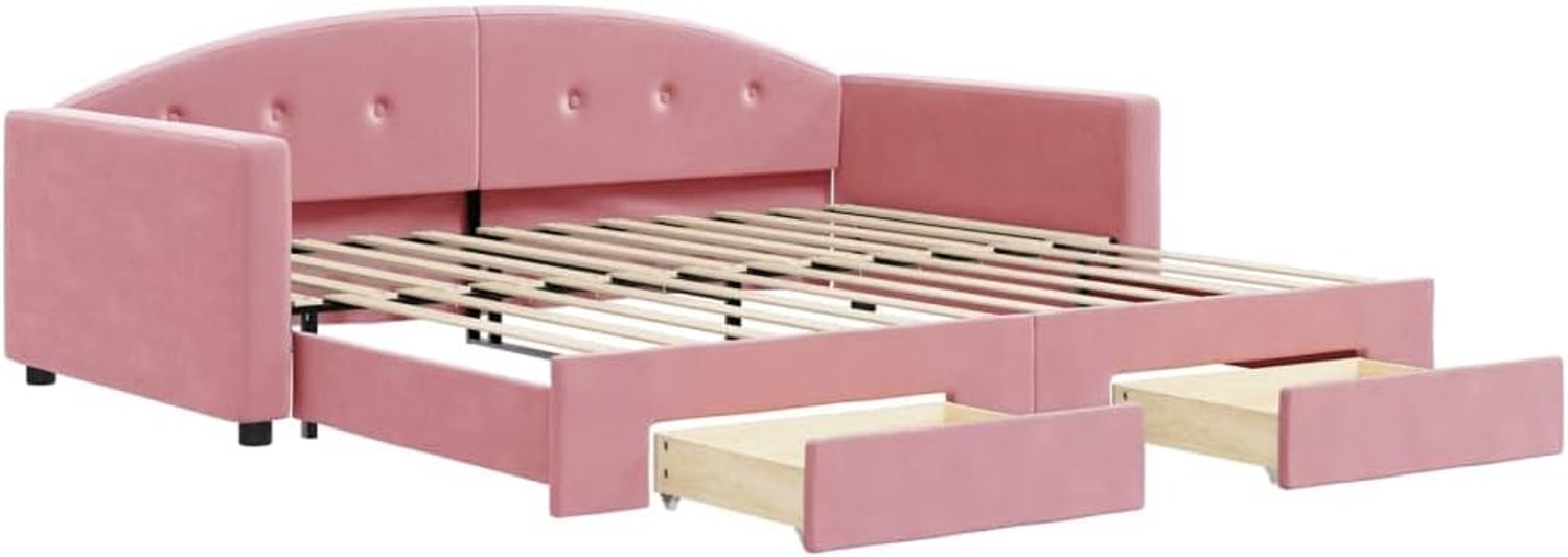 Familiebed, hotelbed, dagbed, uittrekbaar met schuifladen, roze, 100 x 200 cm, fluweel, voor slaapkamer, logeerkamer