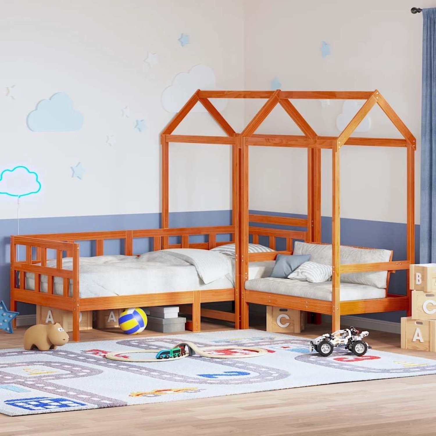 Dagbedset met dak in wasbruin, 80 x 200 cm, van massief grenen, lattenbodem en bedhekje voor slaapkamer of woonkamer, opbergruimte en dakframe, sofa bed