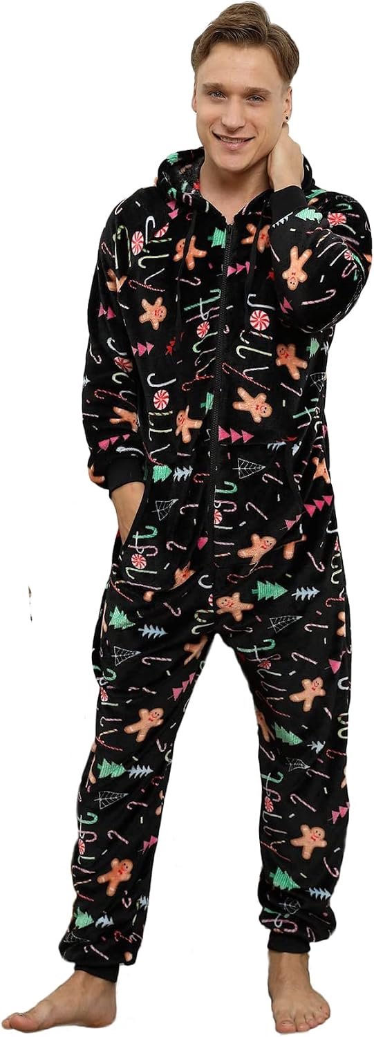 Jumpsuit voor heren, winter, Kerstmis, warm, eendelige pyjama voor volwassenen, cosplay, fleece, onesie, overall, pyjama, behaaglijk huispak met capuchon en ritssluiting
