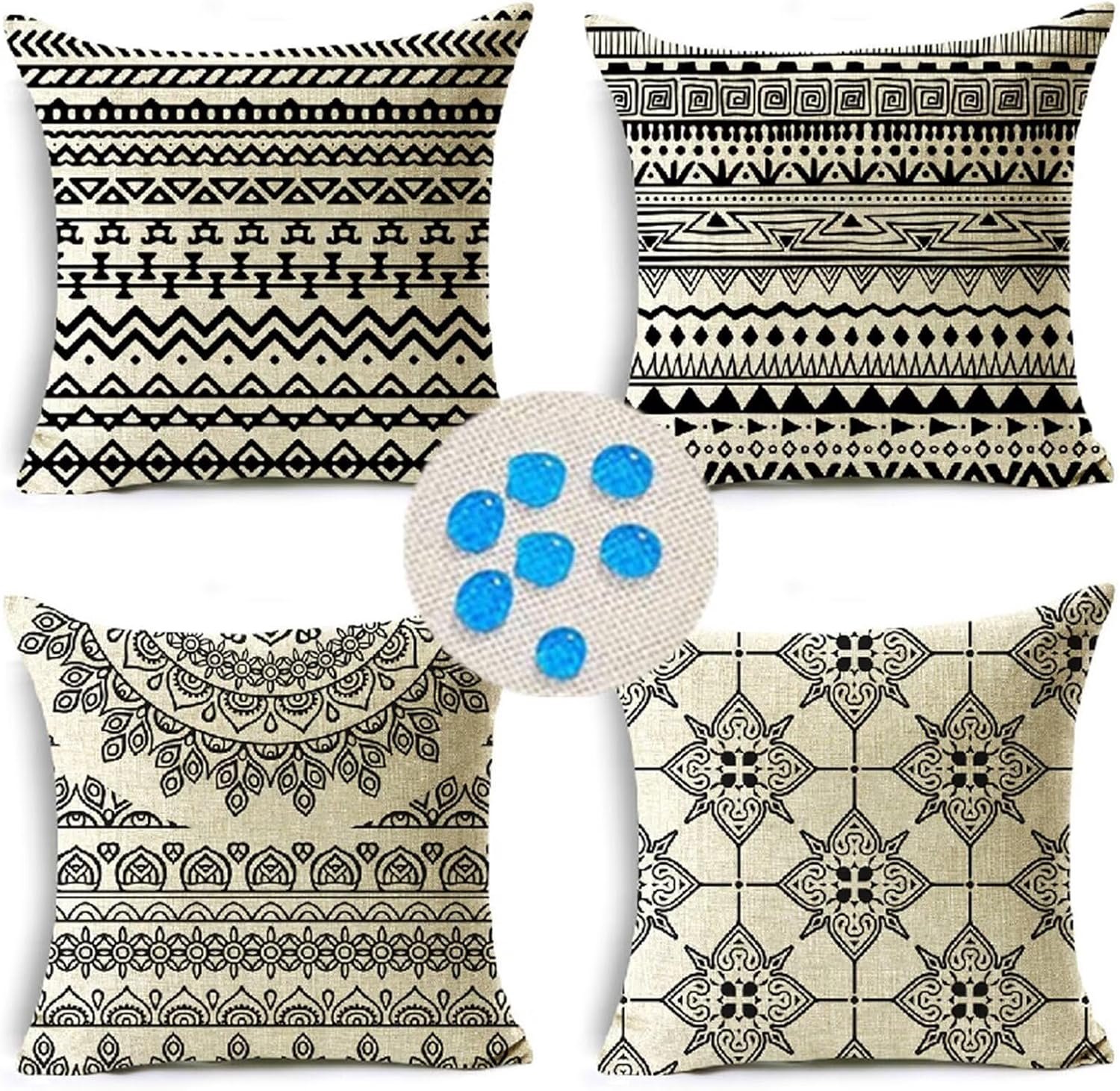 Kussenslopen Waterdichte Set van 4 Zwart Boheems, Vierkant Dubbelzijdig Linnen Materiaal, Met onzichtbare rits, Kussens voor Patio Balkon Bank Boerderij Tuin Decoratief 55cm x 55cm