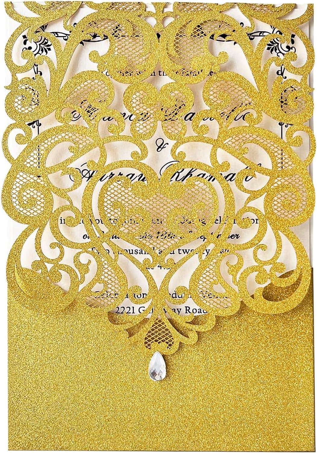 20 x gouden glitter bruiloft uitnodigingskaarten lasercut roos kant waterdiamant bruiloftsuitnodigingen kaarten voor bruidsfeest, verloving, verjaardag, afstuderen uitnodiging (20 stuks) incl.