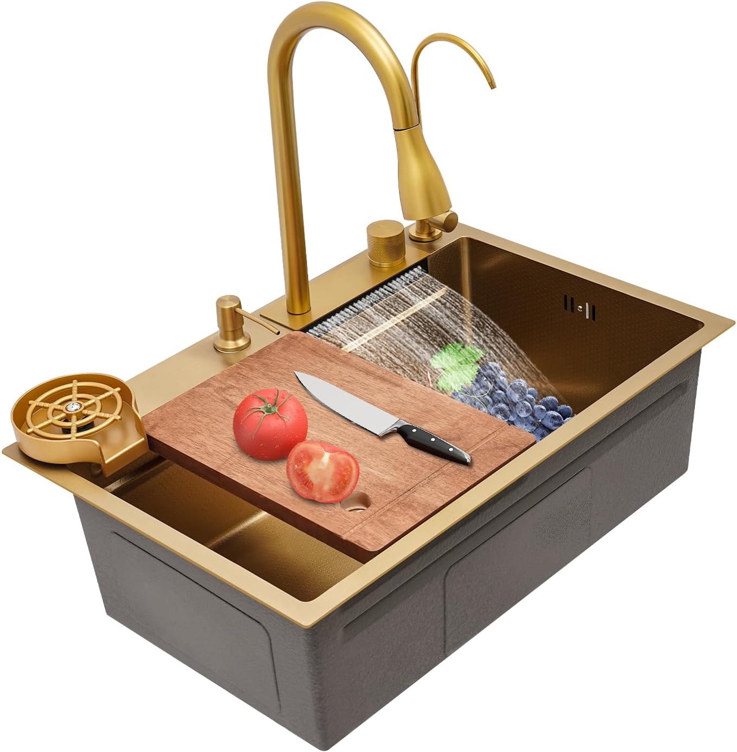 Gootsteen roestvrij staal keukenspoelbak multifunctionele inbouwspoelbak wastafel set met uittrekbare kraan glazen spoelbak snijplank voor thuis keuken bar 68 x 46 x 22 cm (goud)