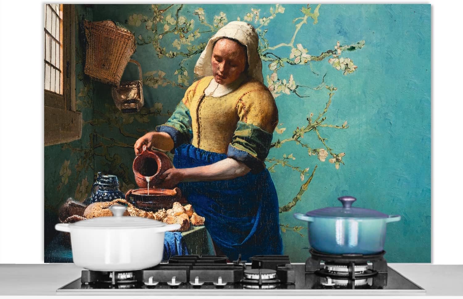 Spatscherm Keuken - 120x80 cm - Melkmeisje - Amandelbloesem - Van Gogh - Vermeer - Schilderij - Oude meesters