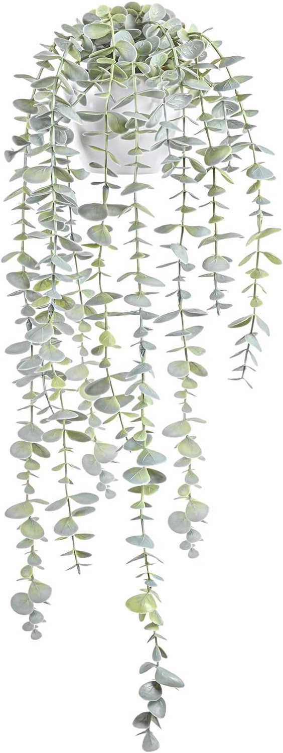 Hangplanten voor plank, faux klimop eucalyptus wijnstok, nepgroen in witte pot (lichtgroen, 1 stuks)