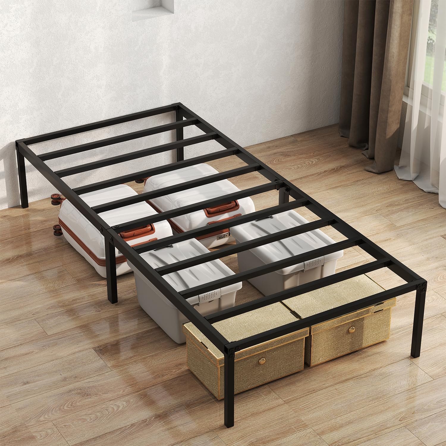 90 x 200 cm, bedframe van metaal met stalen lattensteun, metalen bed met ca. 35,5 cm hoog, opbergruimte voor onder het bed, eenpersoonsbed tot 200 kg belastbaar, logeerbed, eenvoudige