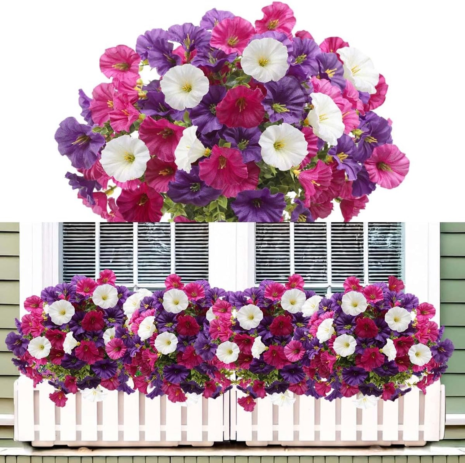 Kunstbloemen voor binnen en buiten, 9 bundels, 3 kleuren, kunstbloemen, decoratie van kunststof, UV-bestendig, boeket van kunststof, bloemen voor huis, balkon, tuin, buiten
