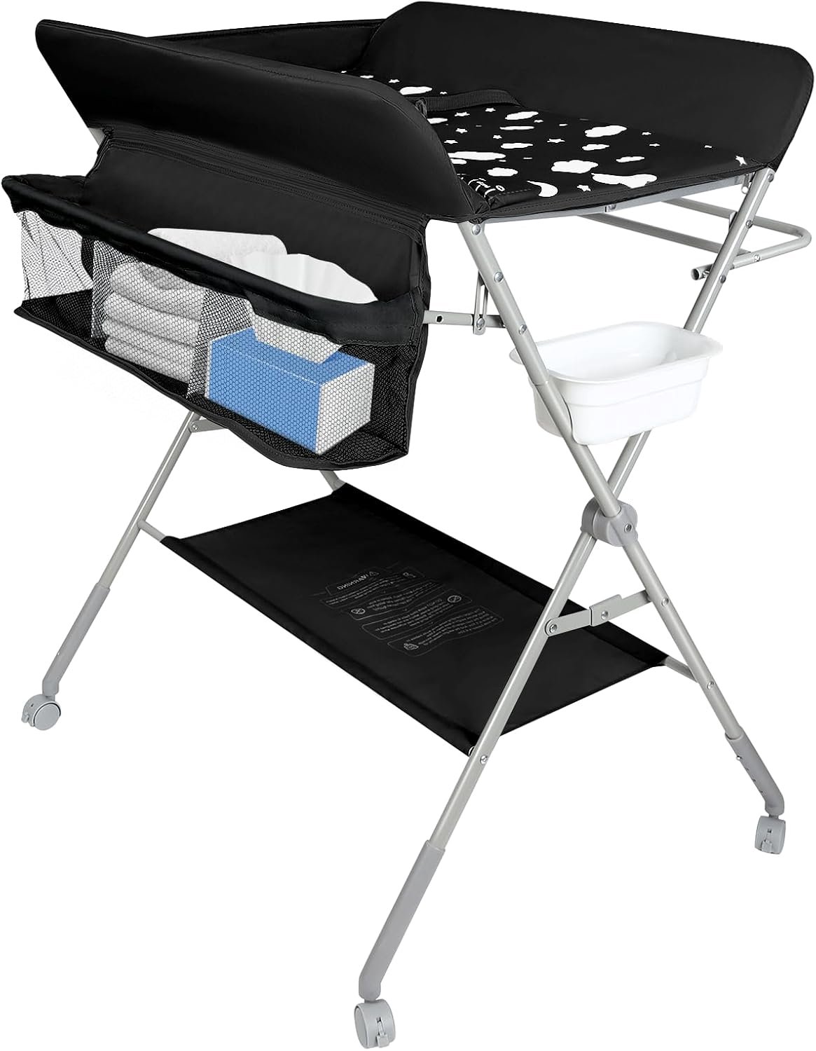 Luiertafel met opbergmand aan de zijkant, ijzeren structuur, groot luieroppervlak voor pasgeborenen, ergonomisch design, opvouwbare en draagbare luiertafel, sterrenhemel (zwart)