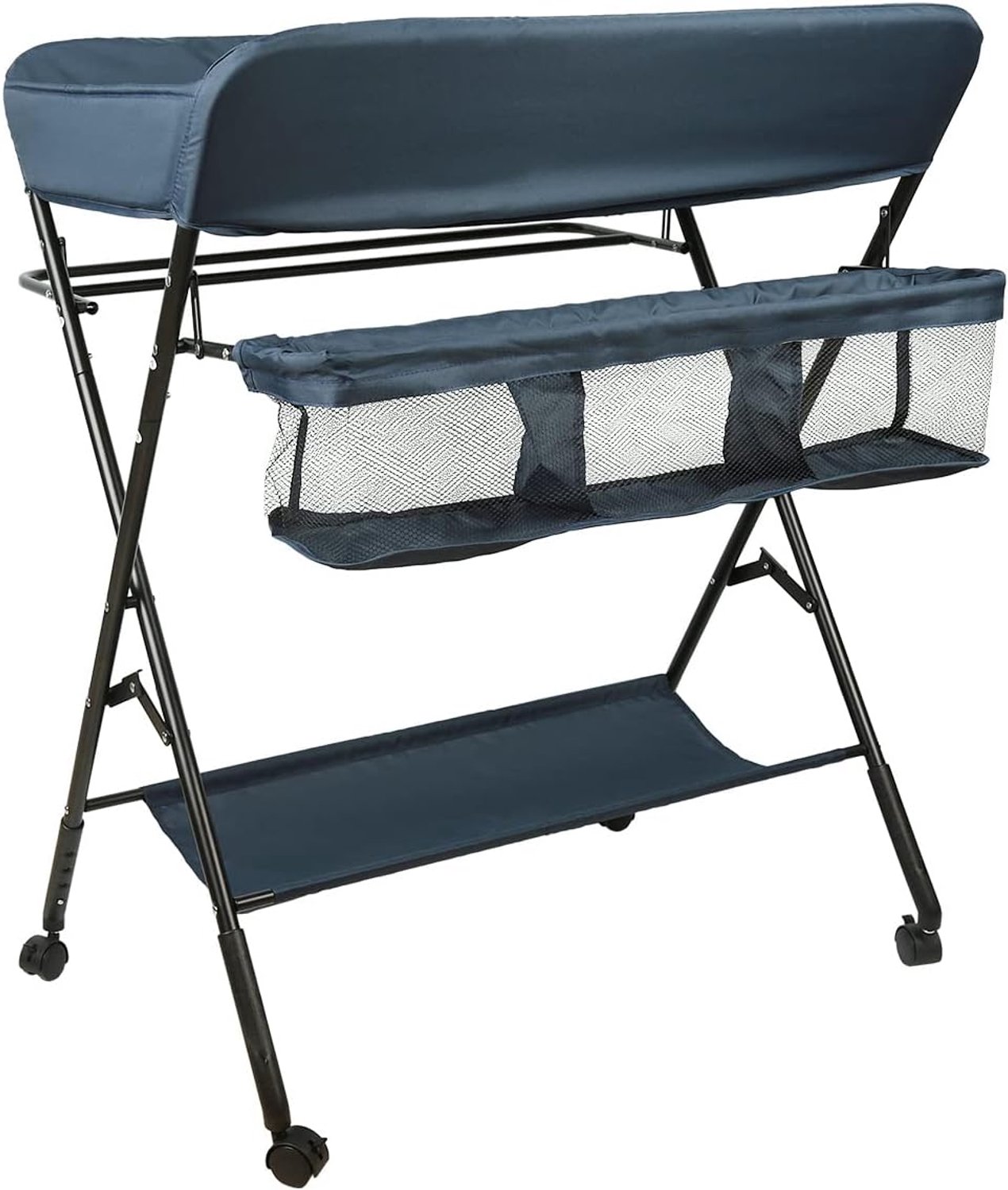 Opvouwbaar, luiertafel met opbergmand, veiligheidsgordel en 4 wielen met rem, in hoogte verstelbaar, 74 x 63 x 92-98 cm, donkerblauw