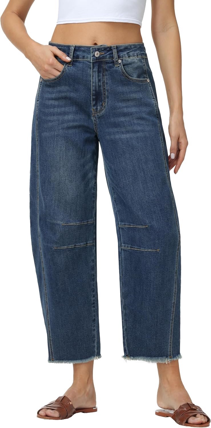 Jeans Barrel hoge taille wijde pijpen jeans stretch baggy raw zoom enkellange jeans met zakken