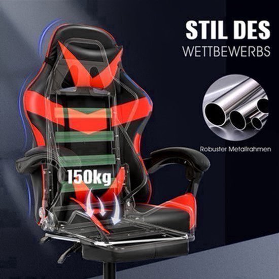 Gamingstoel – Gamestoel – Gaming Chair – Game Stoel – Bureaustoel – Ergonomisch Ontwerp – Verstelbare Rugleuning & Voetensteun – Max 150 kg – Kunstleer Zwart/Rood — afbeelding 2