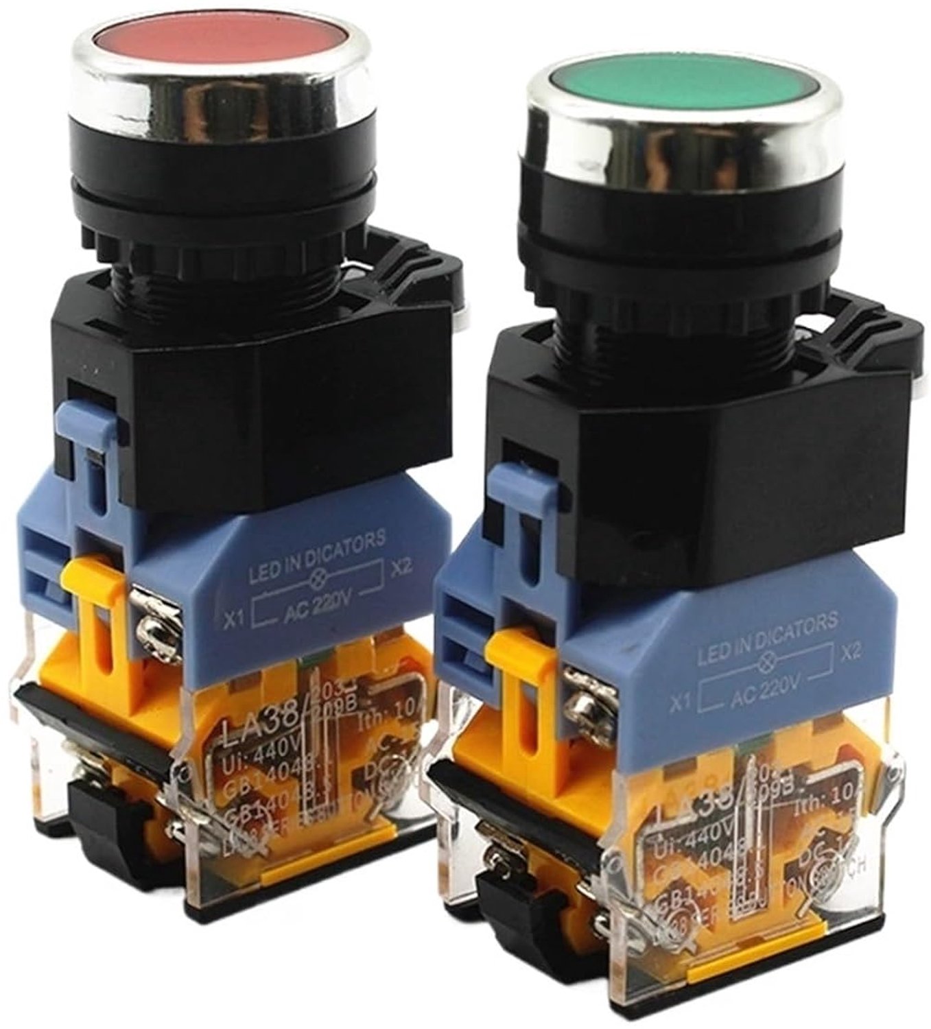 LA38-11DNZS drukknopschakelaar met zelfborgende led-indicatoren, 22 mm, 220 V, 24 V, aan/uit, groen