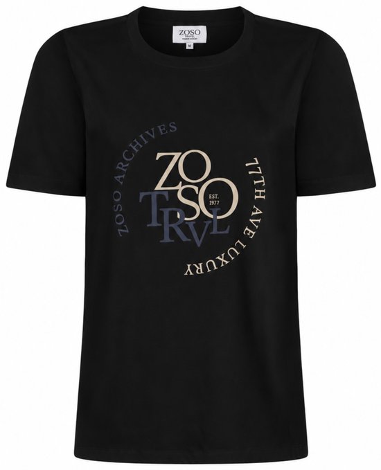 Zwart Zoso T-shirt met ronde hals en beige/blauw tekstlogo op de borst: Zoso Archives 17th Ave Luxury.