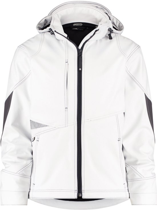Witte DASSY softshell werkjas met capuchon, ritssluiting, grijze accenten op mouwen en zijkanten en reflecterende strepen.
