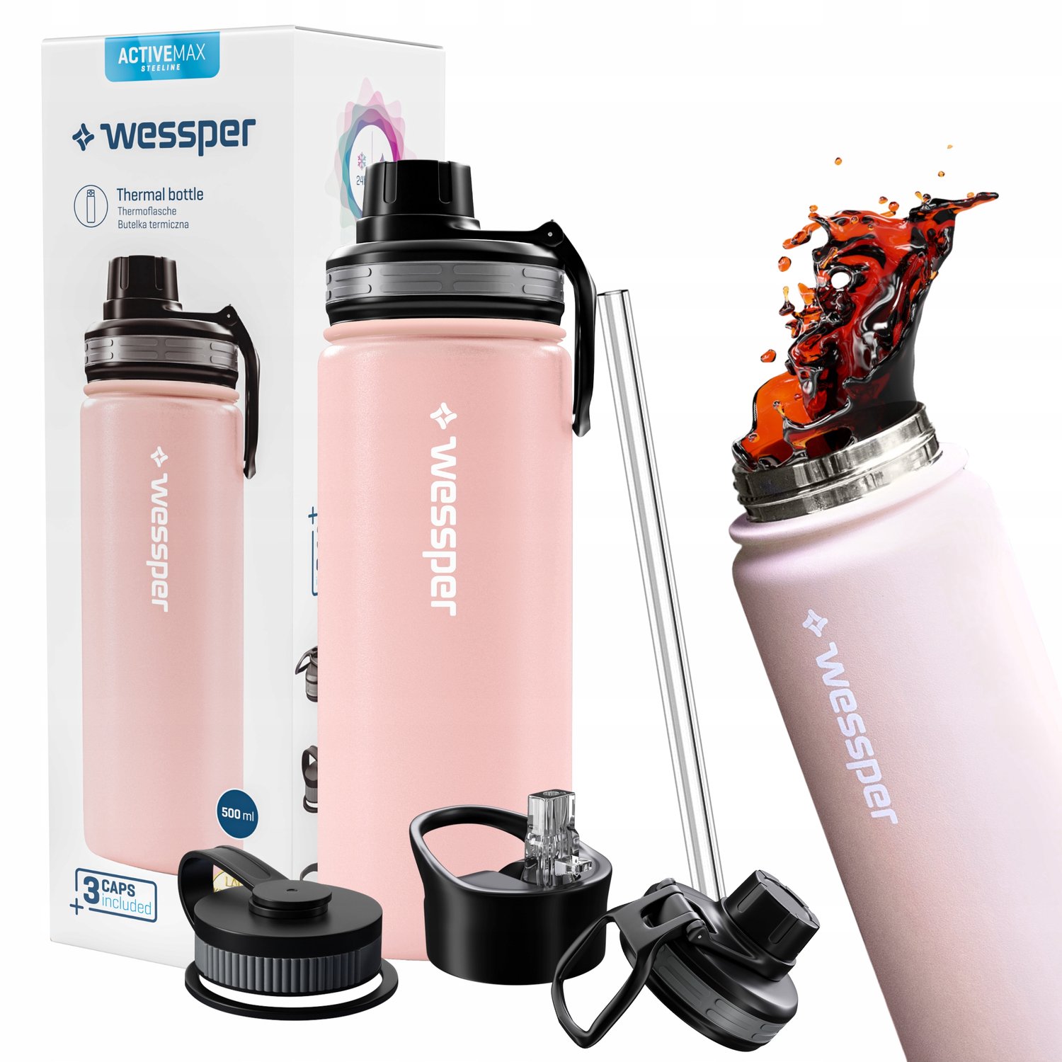 Wessper ActiveMax Steeline Thermos Fles 0.5L - RVS, 12/24u Warm/Koud