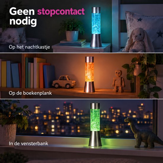 Cheqo® Glitterlamp op Batterijen - Lavalamp met Glitters - Kleurveranderend - Multicolor LED - Nachtlampje voor Kinderkamer en Slaapkamer - Sfeerlamp - Tafellamp - Kinderlamp voor Jongens en Meisjes - Zilver - Moodlight - Snoezellamp — afbeelding 3