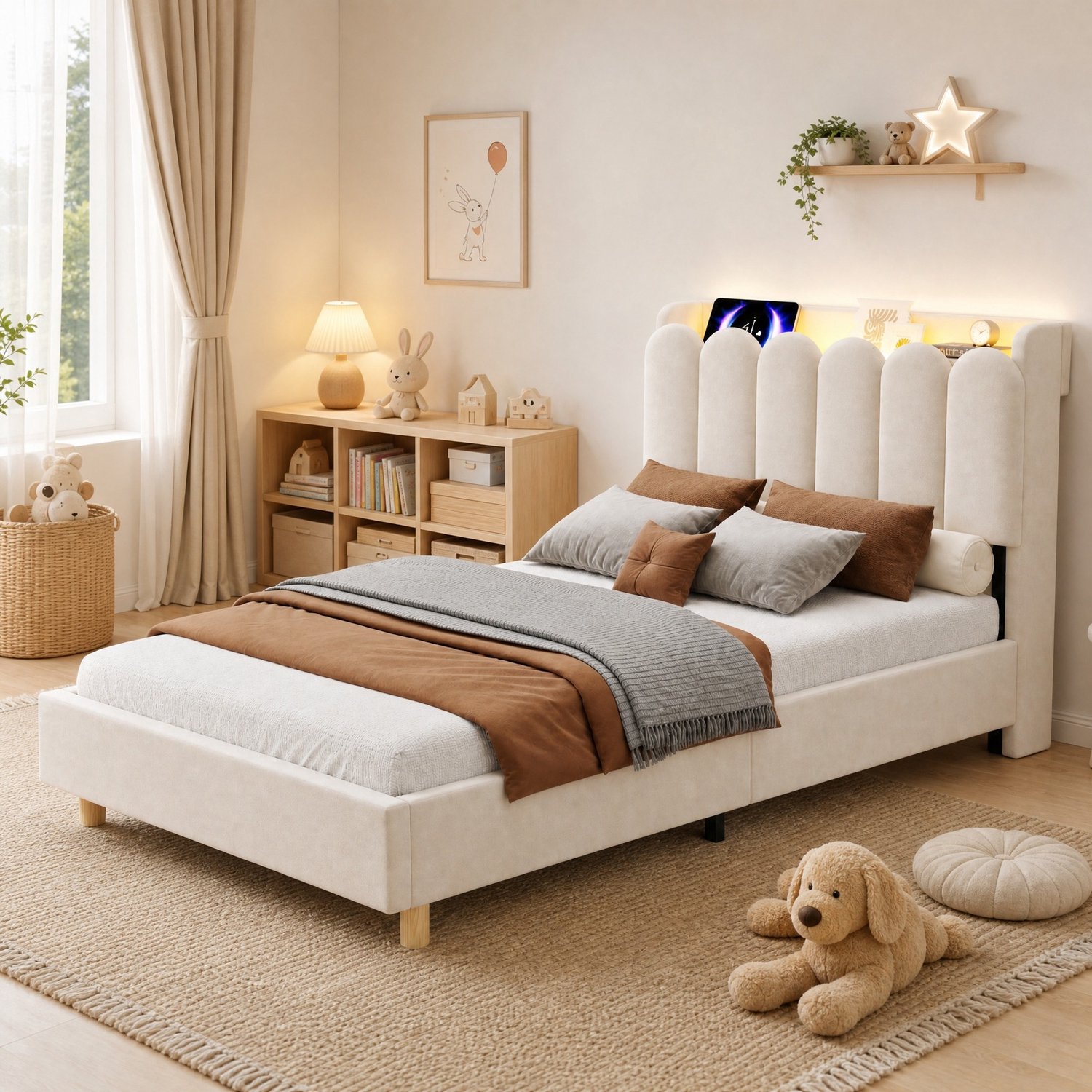 CHICFURN Kinderbed 90 x 200 cm - Lattenbodem - USB en Type-C - Beige