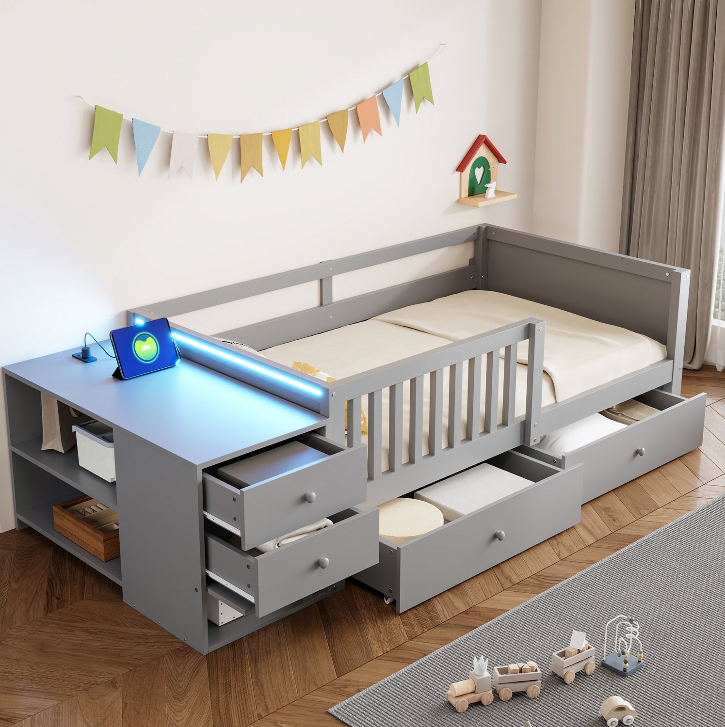 Wishdor Kinderbed 90x200 cm - Met bedlades en halfopen veiligheidshek - Losse opberge eenheid met stopcontact en LED-verlichting - Voor de kinderkamer - Metaal en MDF - Grijs