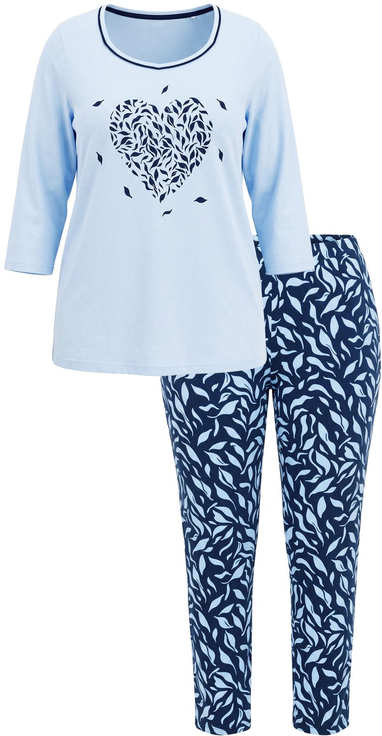 Ulla Popken Dames - Pyjama hartjes carréhals 3/4-mouwen - Ijsblauw - Maat 66+