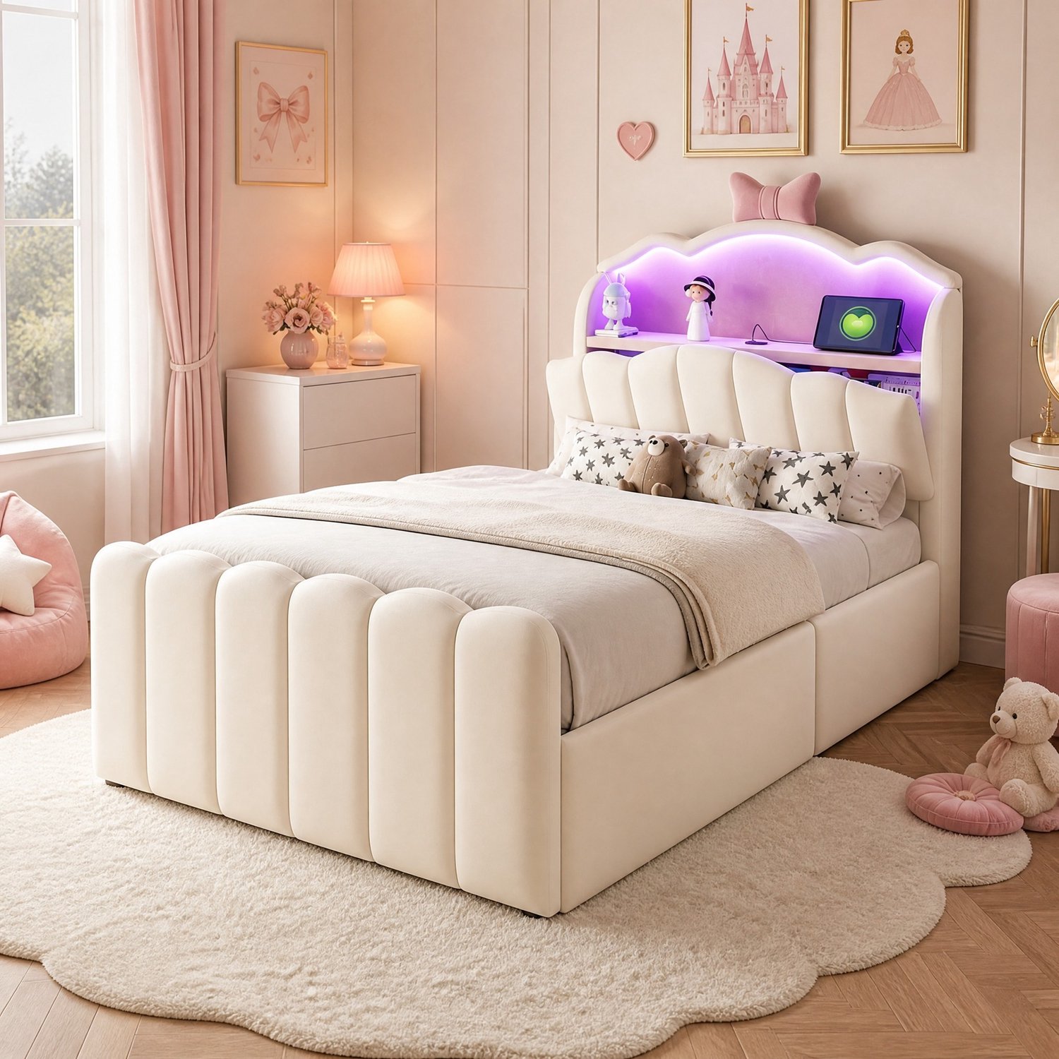 Wishdor Kinderbed 90x200 cm - Hydraulische opbergruimte - Opklapbaar hoofdbord met opbergvak - LED met kleurwissel - USB- en USB-C-aansluitingen - Fluwelen bekleding - Beige