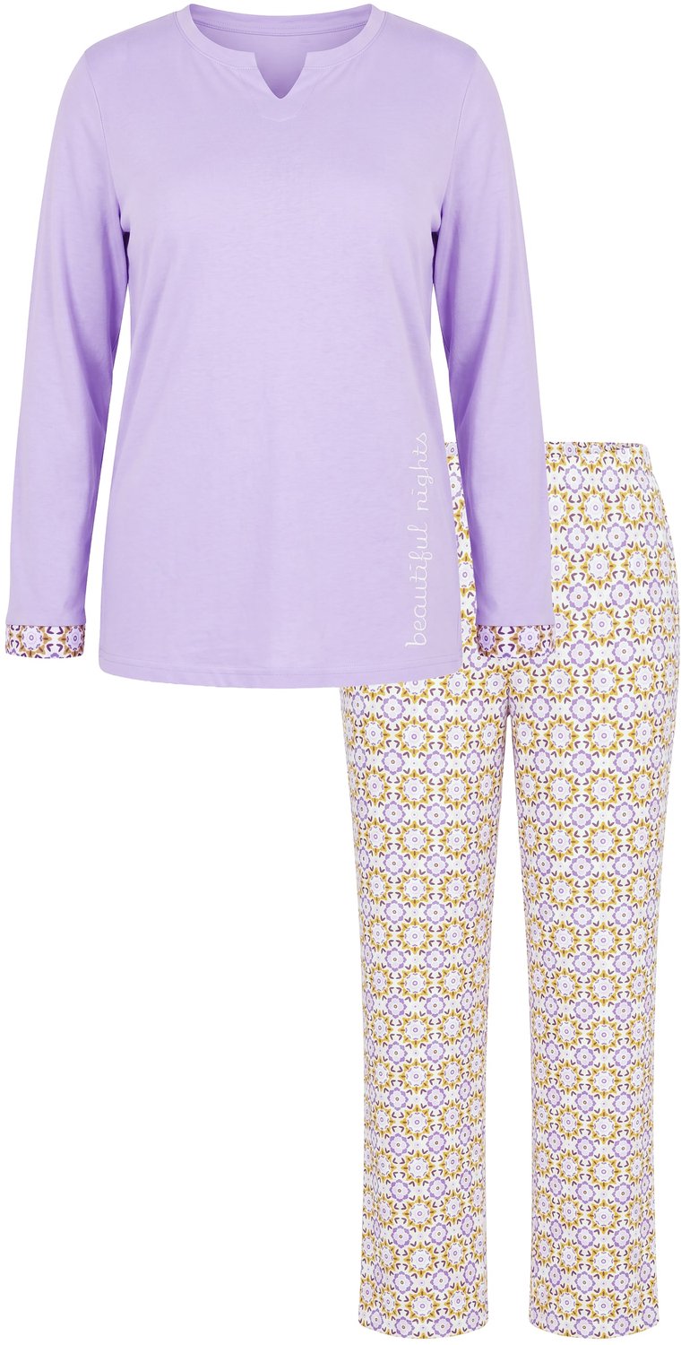 Ulla Popken Dames - Pyjama patroon tuniekhals lange mouwen - Zachtlavendel - Maat 62+