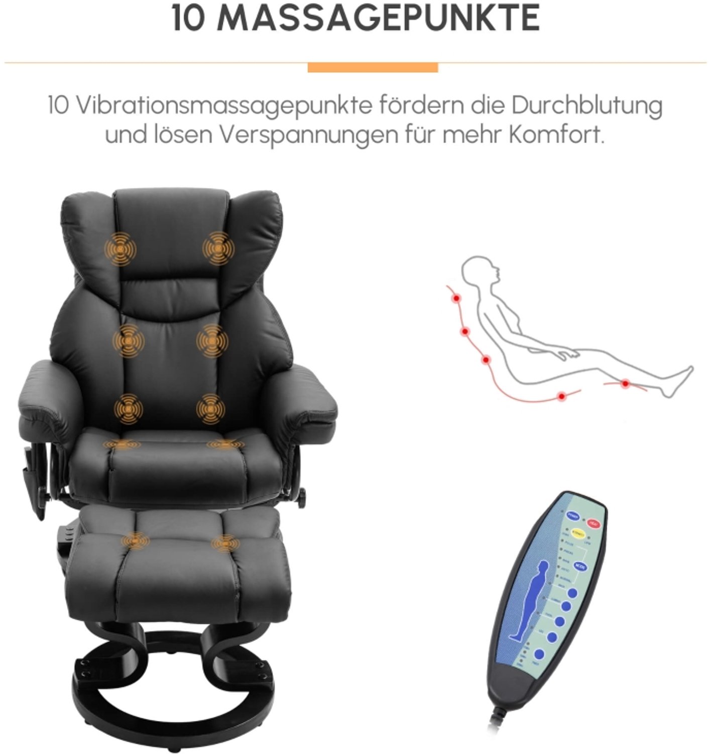 MIVRAY Relaxfauteuil 79 x 82 x 101 cm - Massage Met 10 Punten en Tot 145 Graden Kantelbaar - Voor de Woonkamer - Gebonden Leer - Zwart – foto 3
