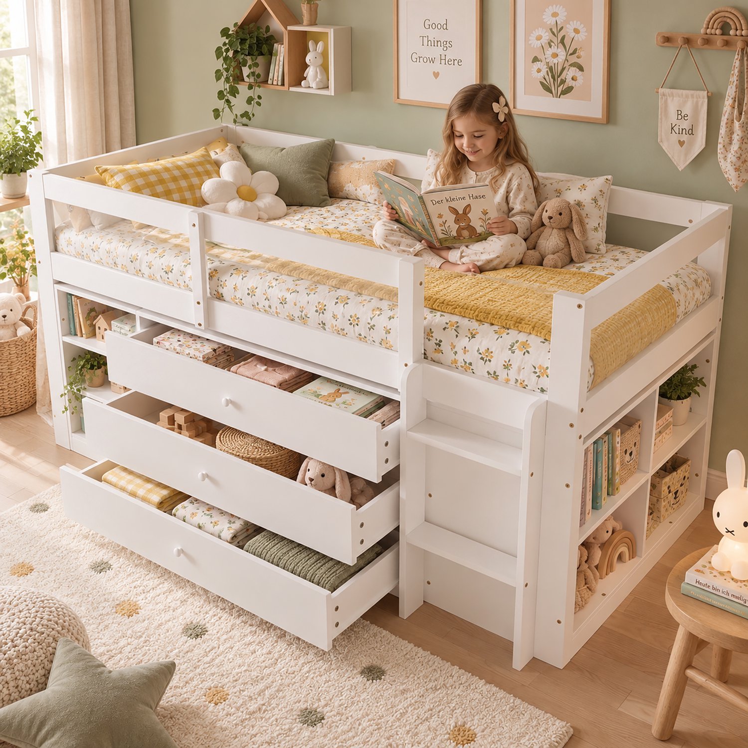 STILVORA Kinderbed 90 x 200 cm – Halfhoogslaper met Uitvalbeveiliging – 3 Lades en Zijrek – Voor Kinderkamers – Hout en MDF – Zonder Matras – Wit