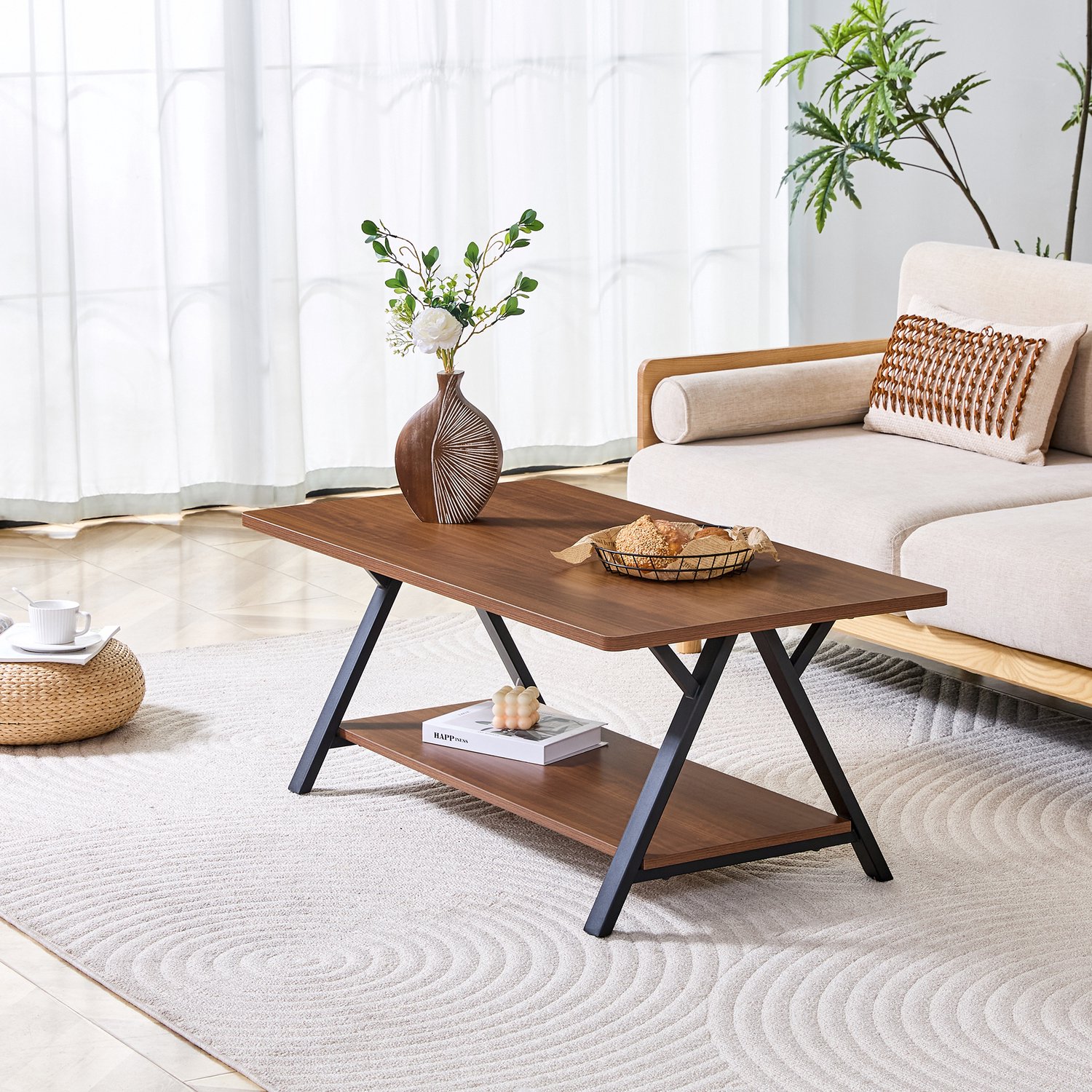 CHICFURN Salontafel 110 cm - Met opbergplank - X-vormig metalen frame - Walnootkleurig en zwart Walnootbruin